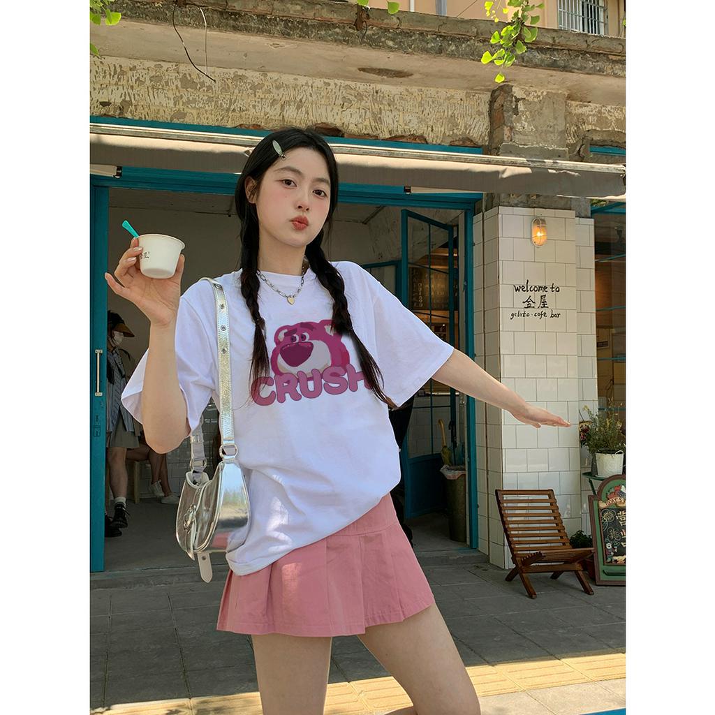 EUNII T-shirt Lengan Pendek Cartoon Crush Strawberry Bear Korean Style/Kaos Atasan Wanita/Baju Kaus Oversize Wanita/Kaos Wanita