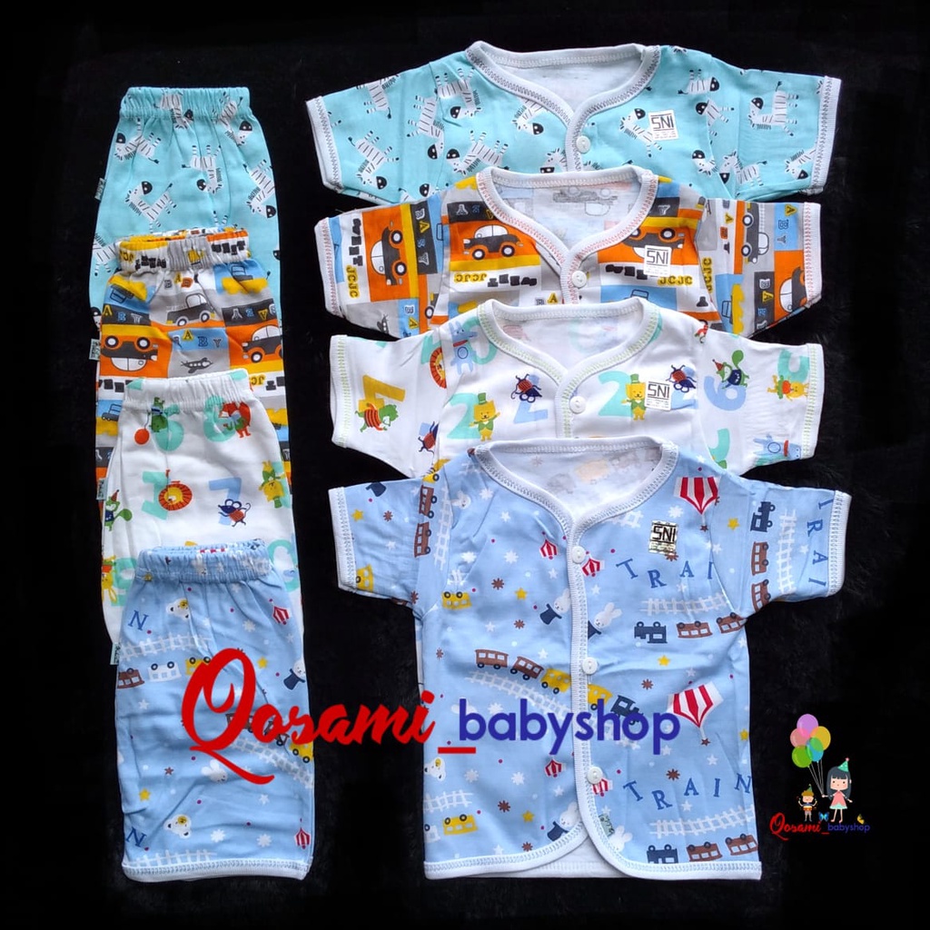 HOKIKU ( 1 Setel ) Cowok Setelan Pendek Bayi Newborn 0 - 4 Bln Motif Full Print SNI