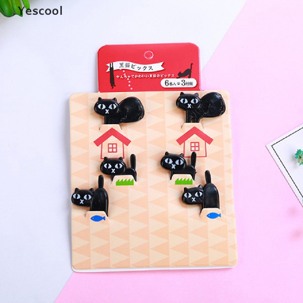 Yescool 6Pcs Tusuk Gigi Buahdessert Desain Kucing Hitam Untuk Dekorasi