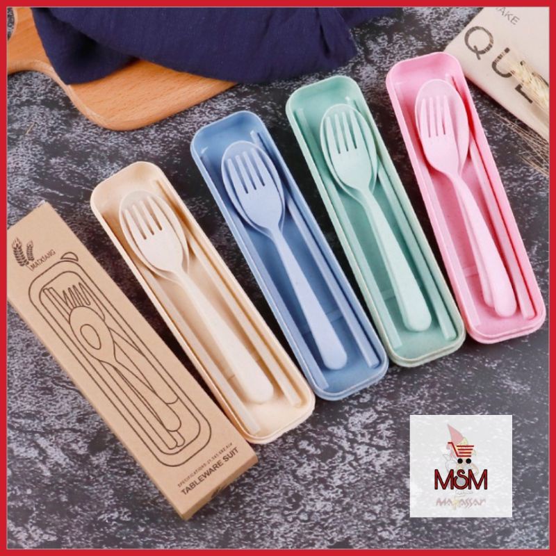 Sendok Garpu Sumpit Set Bahan Jerami + Kotak Sendok Set 3 in 1 Perlengkapan Makan Warna Warni Alat Makan Travelling Import Grosir Barang Unik Makassar Shopping
