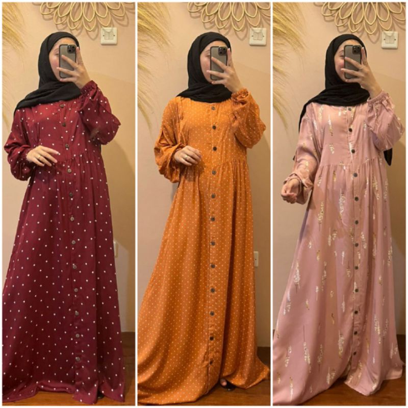BISA COD AZKIYAHIJAB29 ADIBA GAMIS FULL KANCING DRESS RAYON JUMBO GAMIS KATUN ADEM BUSUI POLKADOT TY
