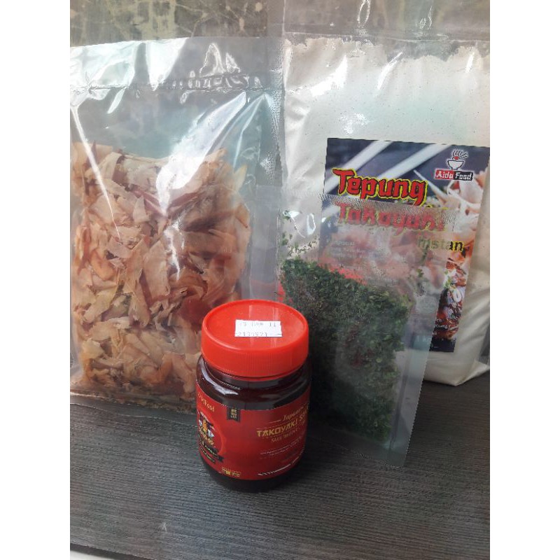 

paket takoyaki komplit tepung aidafood 1 kg ,saos ,katsubushi ,aonori