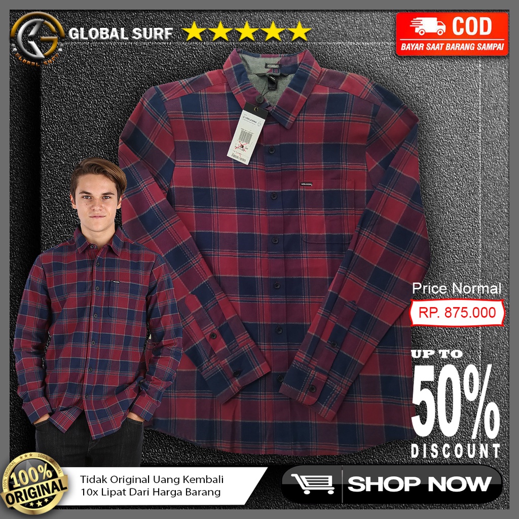Kemeja Flanel Volcom Original Lengan Panjang Baju Berkerah Style Casual Regular Fit Motif Kotak
