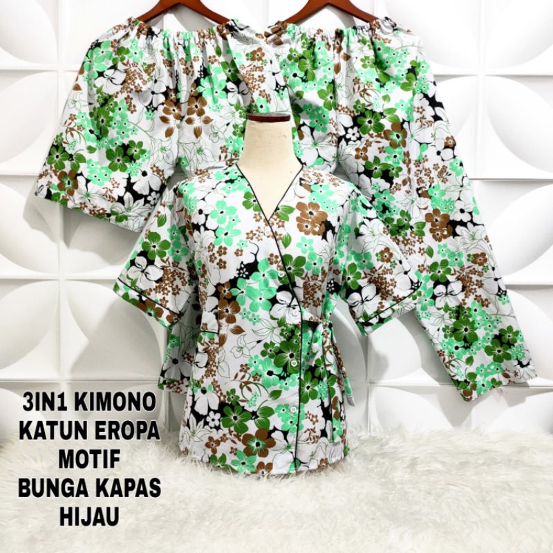Piyama Kimono 3 in 1 dewasa motif Bunga sakura-B Kapas Hijau KMN