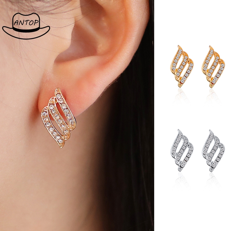 Antop！Anting Kristal Pejantan Bertabur Bulu Sayap Malaikat Anting