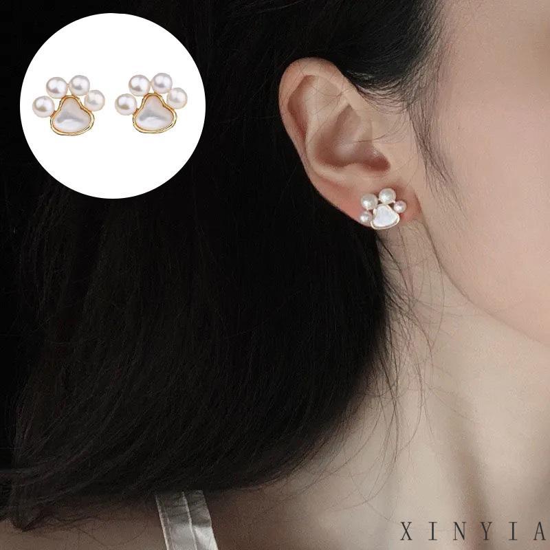 【Bayar di tempat】Anting Stud Desain Cakar Kucing Aksen Mutiara Bahan 925 Silver