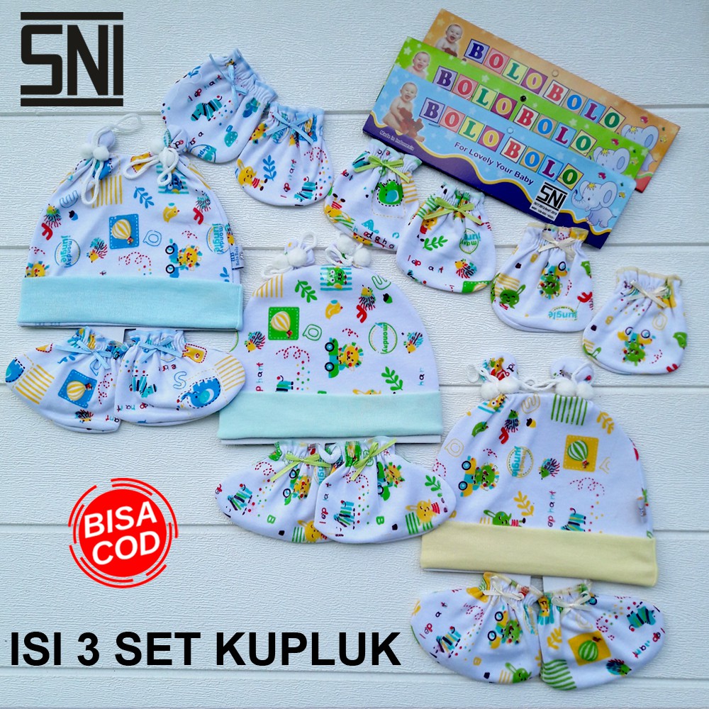 3 PCS Kupluk Bayi 3 Pasang Sarung Tangan Bayi 3 Pasang Sarung Kaki Set Komplit Newborn DNW BABY