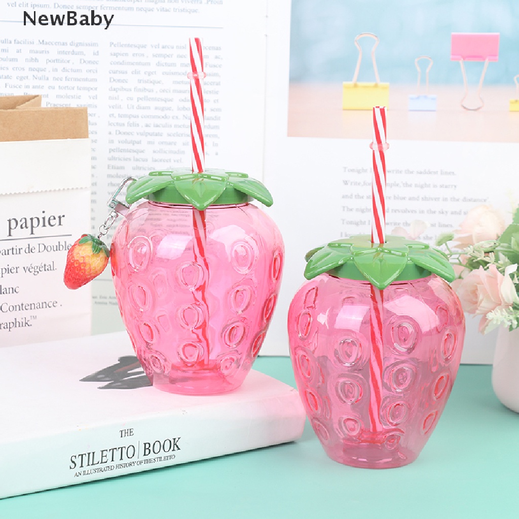 NewBaby Summer Cartoon Strawberry Straw Cup Plastic Cup Lovely Girl Portable Water Cup ID