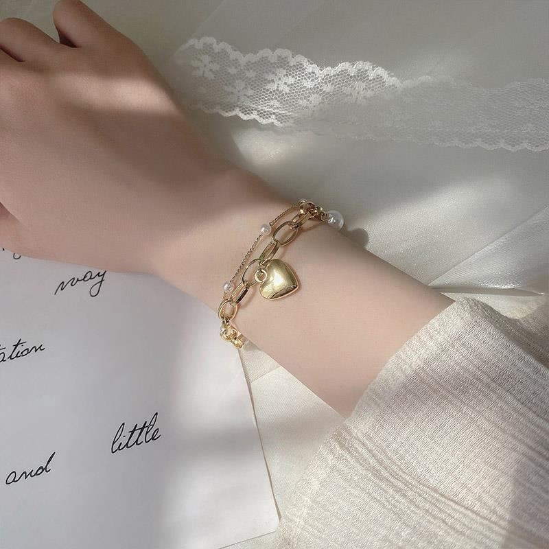 Gelang Persahabatan Double Layer Aksen Hati Mutiara Untuk Wanita