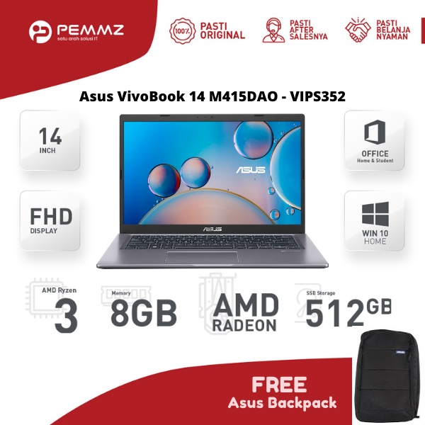 ASUS Vivobook 14 AMD Ryzen 3 3250U - RAM 8GB - SSD 512GB - 14" FHD - W10 Home + OHS 2019 | M415DAO -