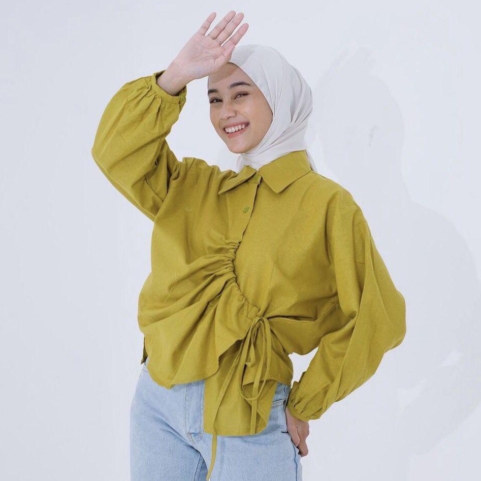 PRITA Kemeja Wanita Serut Linen HQ Selebgram Outfit / Atasan Wanita OOTD Hangout Remaja Dewasa Kekinian Terbaru 2022