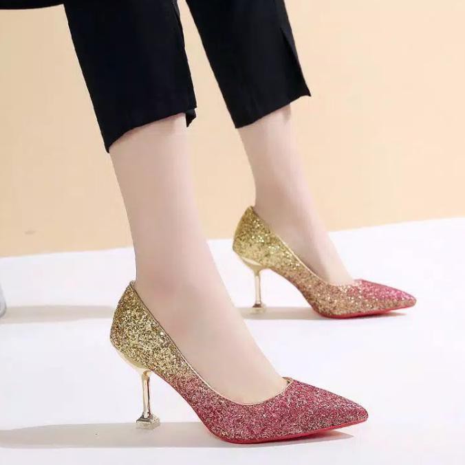 E765 Sepatu Heels Glitter Wanita Import Elegan Sepatu Pesta Hibriani