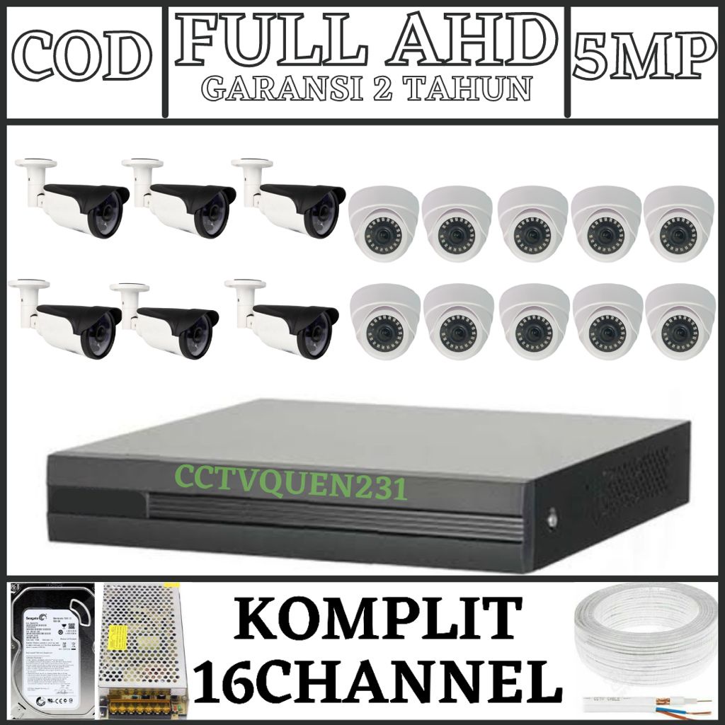 PAKET CCTV 16 CHANNEL 16 KAMERA FULL AHD 5 MP 1080P IR SONY HDD-1TB KOMPLIT TINGGAL PASANG