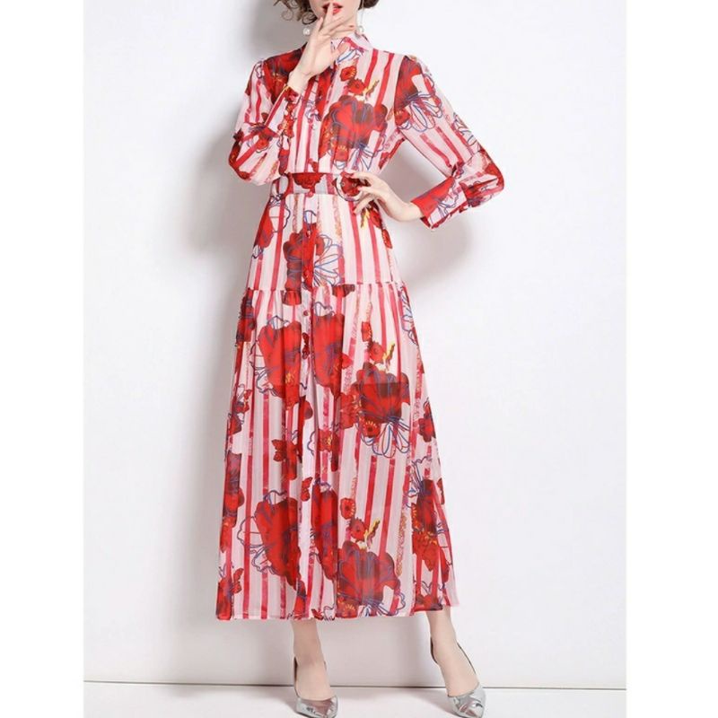 MDLV ~ 05510# Florentina Striped Maxi Dress Red Flower Dress Fashion Import