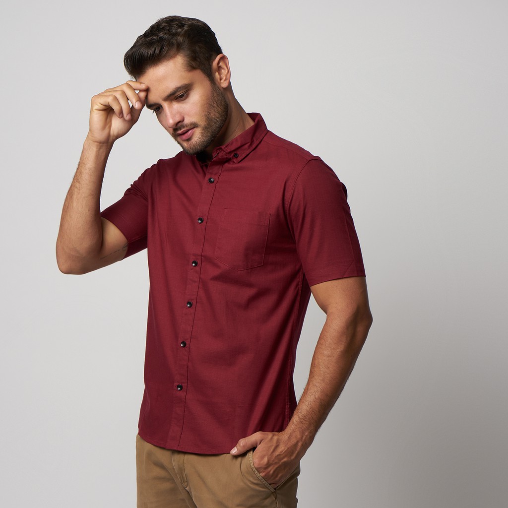 Kemeja Cowok Polos Pria Tangan Pendek Maroon Premium Quality Sigarate Slimfit Casual Kantoran Trendy