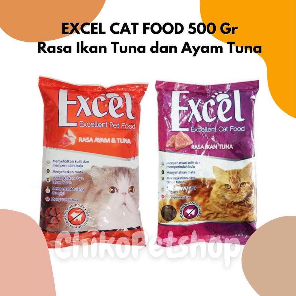 EXCEL CAT FOOD Makanan Kucing Rasa Ikan Tuna &amp; Ayam Tuna Kemasan 500 Gr