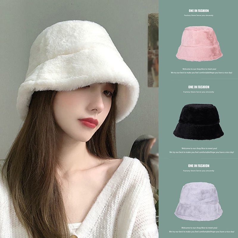 Topi Bucket Bahan Bulu Imitasi Tebal Hangat Untuk Wanita