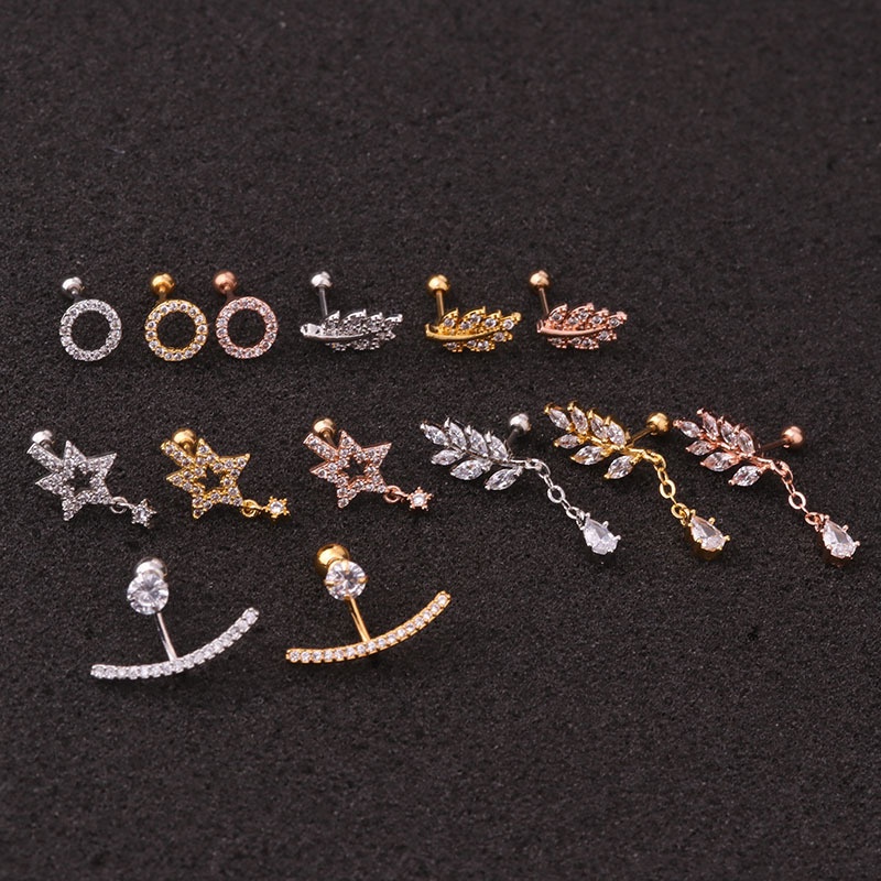 1Pc Trendy Cute Shiny CZ Circle Leaf Star Ear Studs Helix Piercing Cartilage Earring