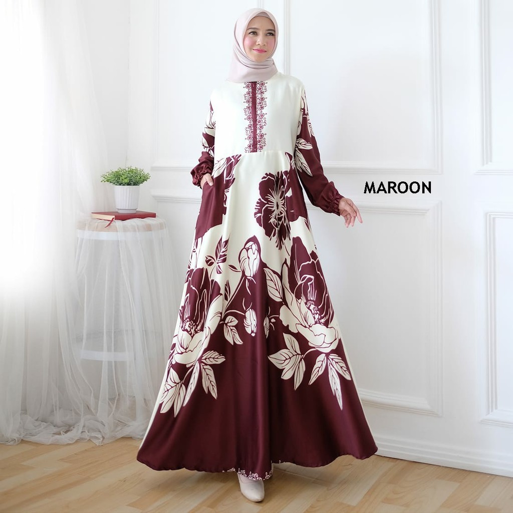 Gamis Maxi Dress bahan Maxmara Motif Bunga Fashion Muslim Wanita Sabiza