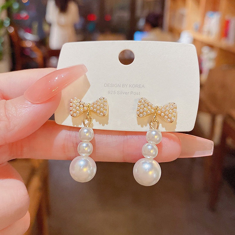 Anting Tusuk Gantung Sterling silver 925 Desain Pita Hias Mutiara Mewah Untuk Wanita