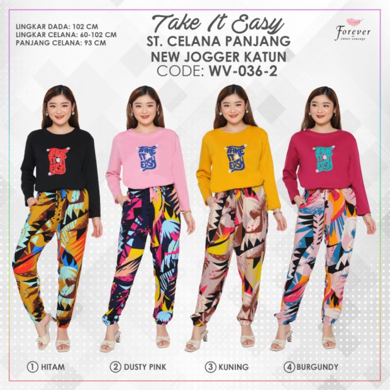 Setelan Forever one set wanita forever sweet lengan panjang celana joger rayon