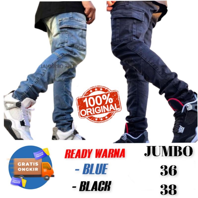 Celana Jeans Cargo Pria JUMBO 28 38 Stretch Stitching Denim Skiny Slimfit Premium Pants PDL Cowok
