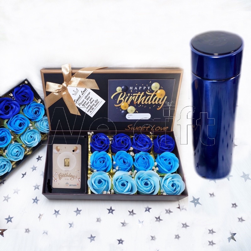 Kado Emas Antam 1gr utk Ultah/Birthday Cowo, Tumbler LED + Flower Box