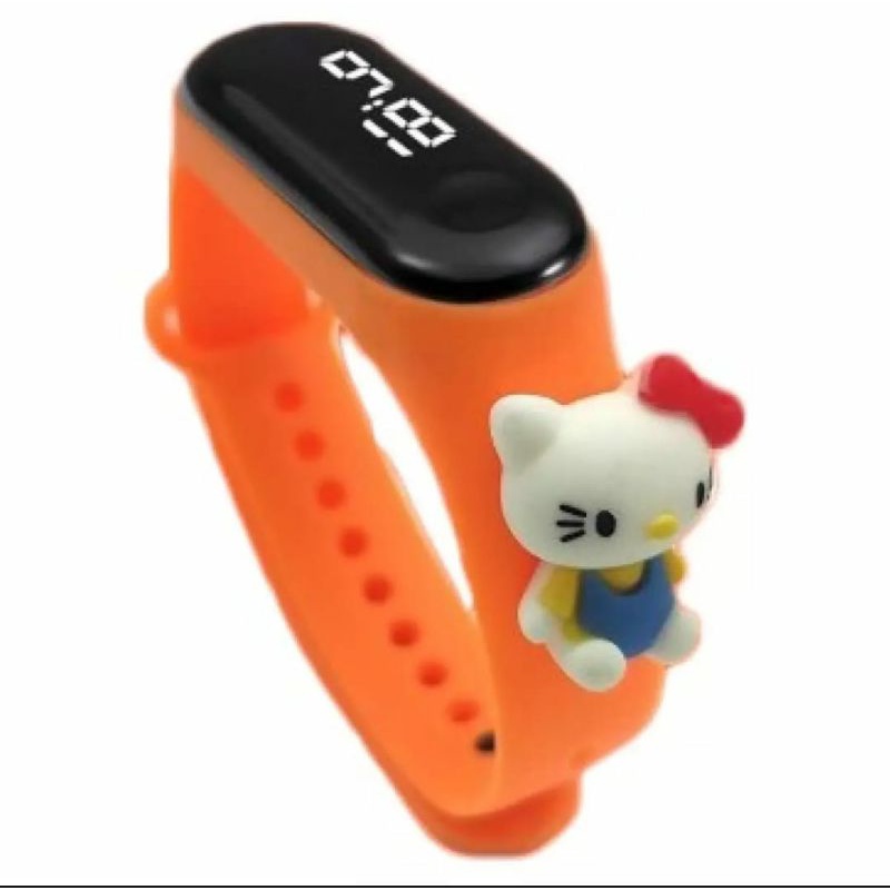 Jam tangan anak Elektronik LED display Tahan Air karakter motif kartun lucu  bahan rubber-Orange Hello Kitty
