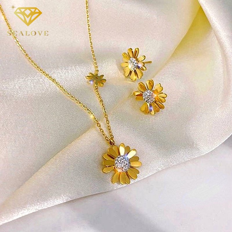 SEALOVE 18K Emas Daisy Stud Earrings Wanita Titanium Anting-Anting Anti Karat Korea Hadiah Fashion Perhiasan