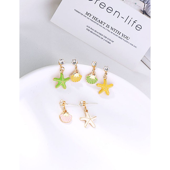 LRC Anting Tusuk Fashion Pink Shell (silver Post) Starfish Stud Earrings With Diamond Drop Oil D6956