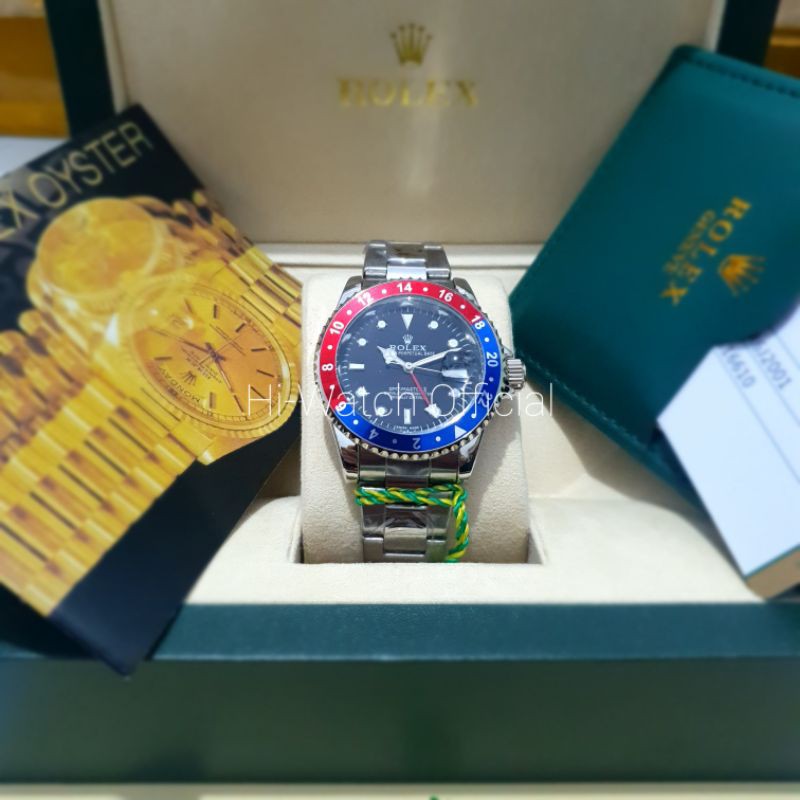 Jam Tangan Pria Rolex GMT Automatic Rantai Silver Merah Biru