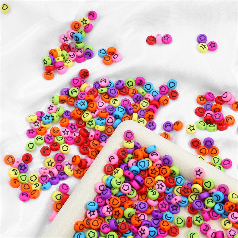 100pcs 7mm Colorful Mixed Flower Star Moon Heart Acrylic Beads Round Flat Loose Spacer Beads For Diy Jewelry Making Bracelet