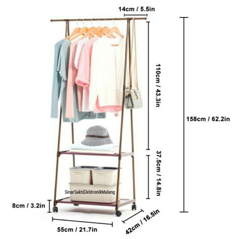 Triangle Stand Hanger Rak Baju Serbaguna Gantungan Segitiga + 4 Roda Malang