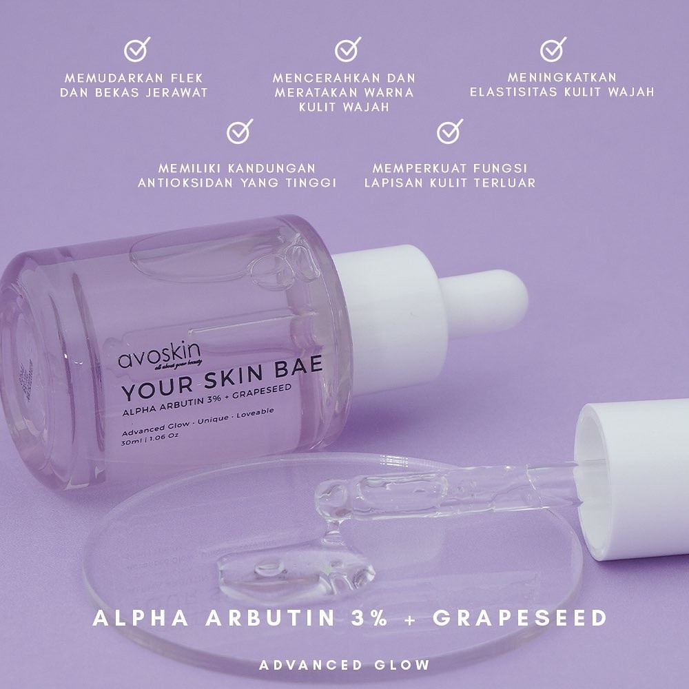 Serum Wajah Avoskin Your Skin Bae Alpha Arbutin 3% + Grapeseed - Mencerahkan &amp; Memudarkan Bekas Jerawat Di Wajah - Kemasan Ungu Alpa Arbutin Avo Skin Putih Glowing