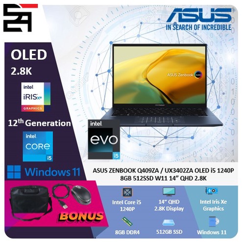 Asus Zenbook Q409ZA UX3402ZA OLED i5 1240P 8GB 512GB SSD W11 14 Inchi QHD 2.8K