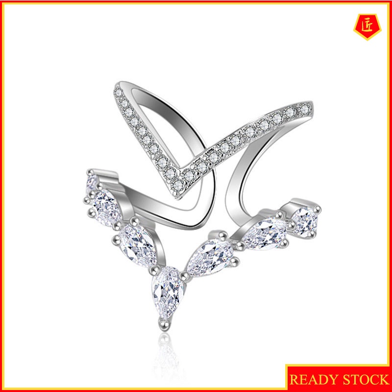 [Ready Stock]Personality Fashion Irregular Double-Layer Diamond V-Shaped Ring