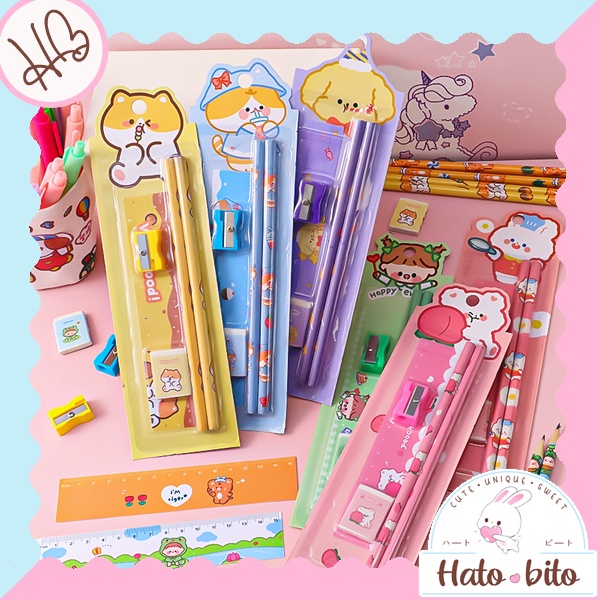 

1 Set isi 5 pcs alat tulis stationery lucu cute pensil penghapus penggaris souvenir ulang tahun anak HB1335