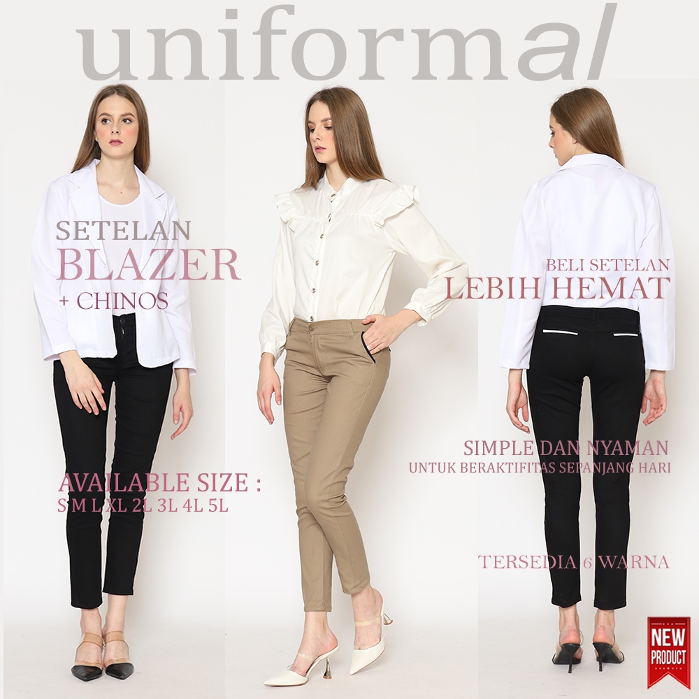 Setelan Blazer Panjang Dan Celana Chino Wanita, Stelan Jas Satu Setel Clana Chinos Cewek Perempuan Stretch Katun Twill Skiny Melar Formal Korea Terbaru Trendy Terbaik Premium