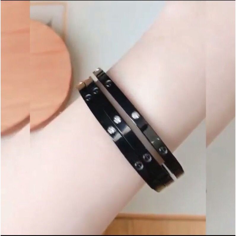 GELANG CARTIR BLACK SLIM TITANIUM  PERMATA ANTI KARAT DAN LUNTUR