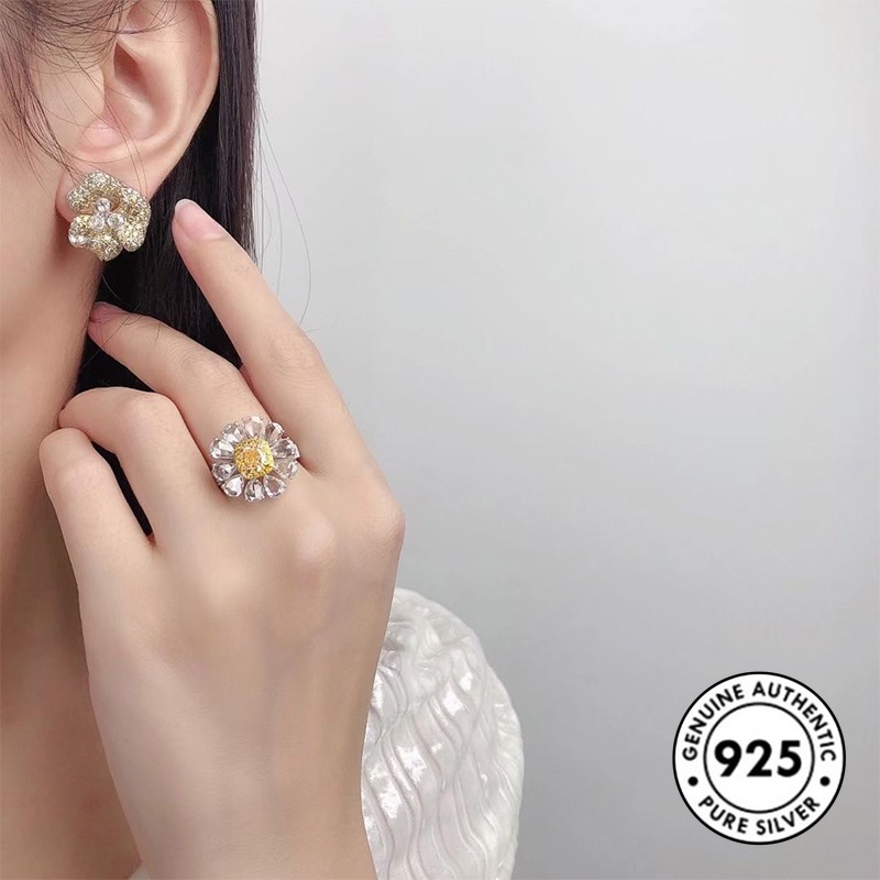 Cincin Sterling Silver 925 Model Bunga Dengan Berlian Kuning Mewah Untuk Wanita