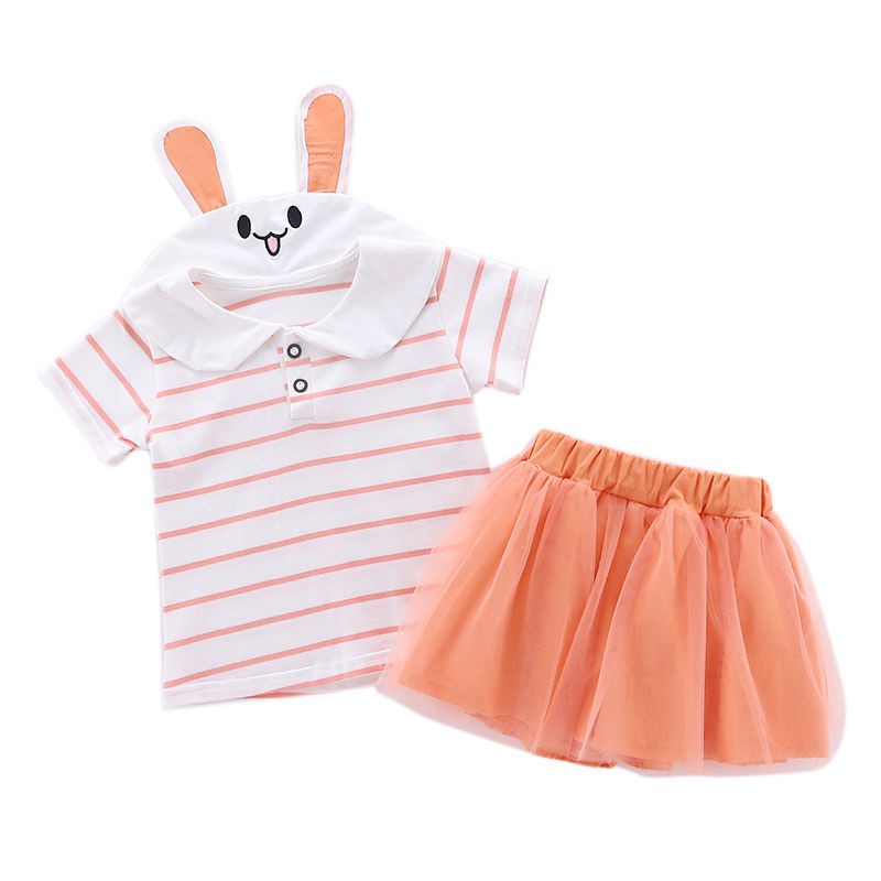 Baju setelan anak perempuan celana rok tutu+ kaos stripped kerah kelinci set anak cewek import-8