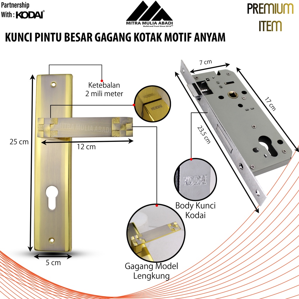 Kunci Pintu Besar Emas Ultima by KODAI | Gagang Kotak Motif Anyam | Full Set