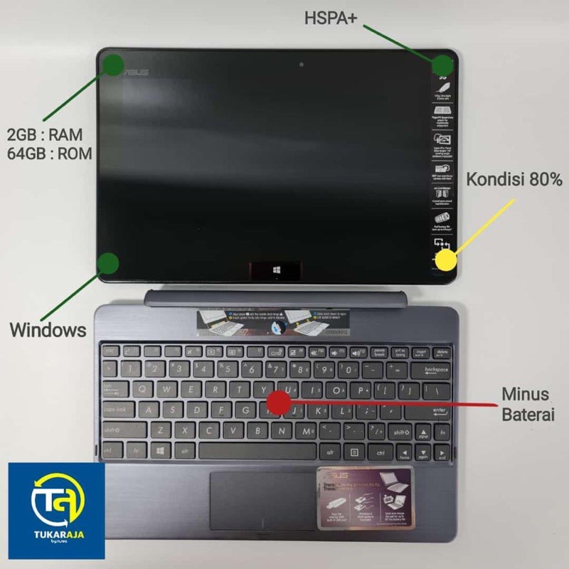 Laptop Asus VivoTab RT Model TF600TG Windows 8RT 10.1in Bekas Diaplay