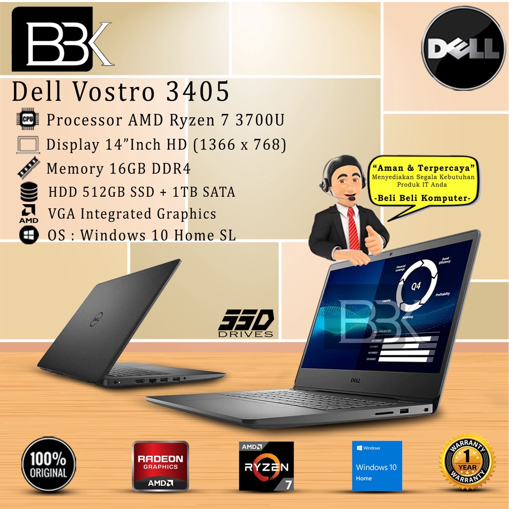 DELL Vostro 3405 14" AMD RYZEN 7 3700U 16GB 512GB SSD+1TB W10H + OHS