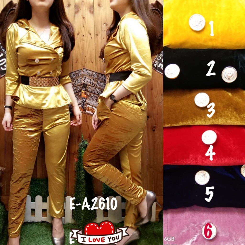 Kathryn collection #019 , Stelan peplum kancing nempel krah jas +belt celana pjg tgn 3/4