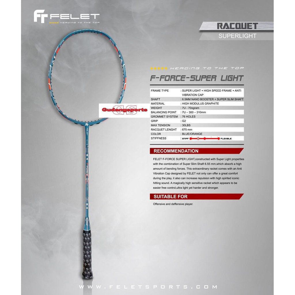 RAKET BADMINTON FLEET FELET F-FORCE SUPER LIGHT BLUE/ORANGE ORIGINAL