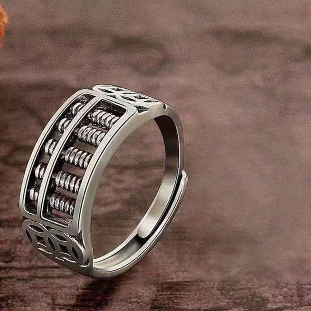 Cincin Model Terbuka Desain Sempoa Warna Silver Gaya Retro Untuk Pria Dan Wanita