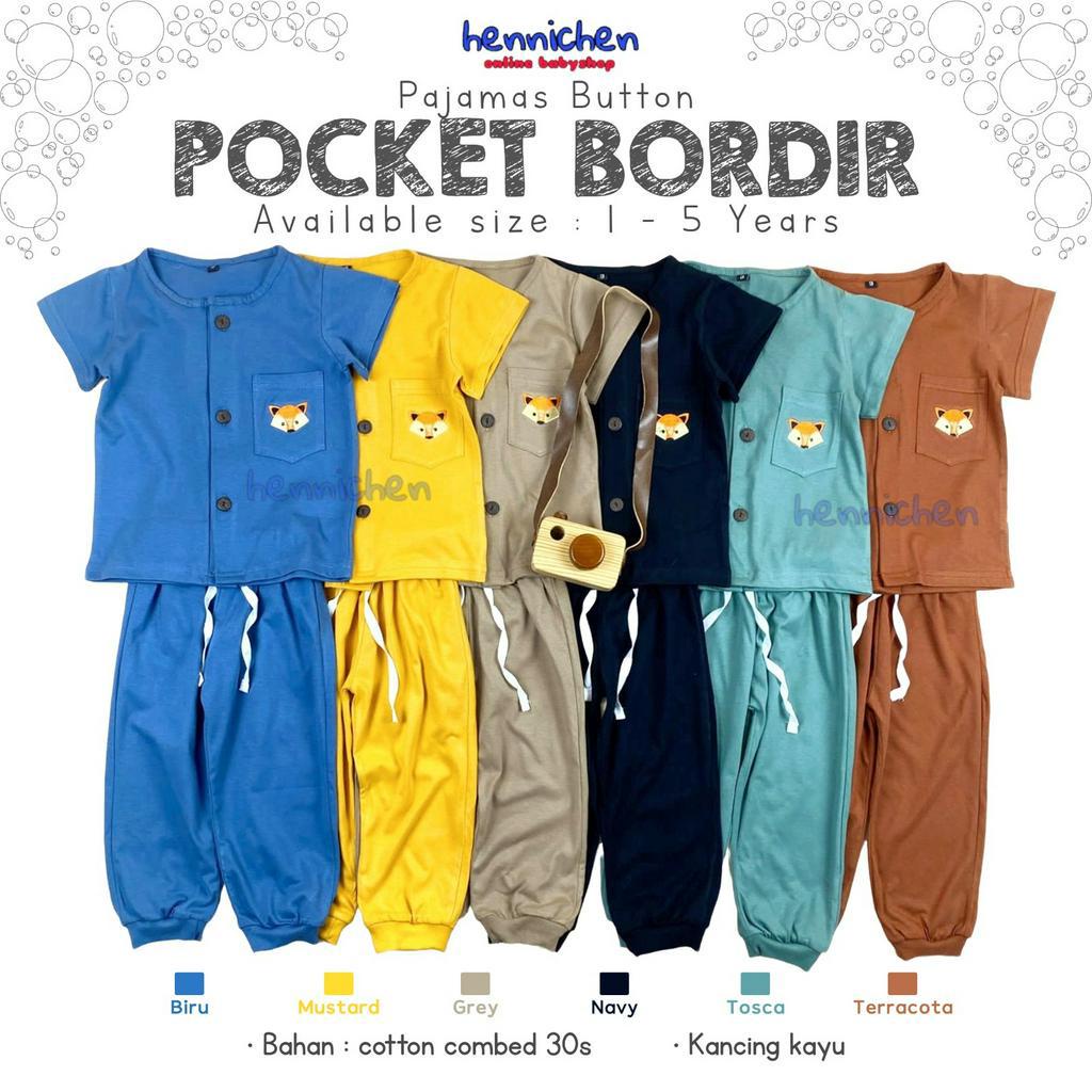 PAJAMAS BUTTON POCKET BORDIR BAJU PENDEK CELANA PANJANG SETELAN BAJU TIDUR ANAK 1-5 TAHUN PNP