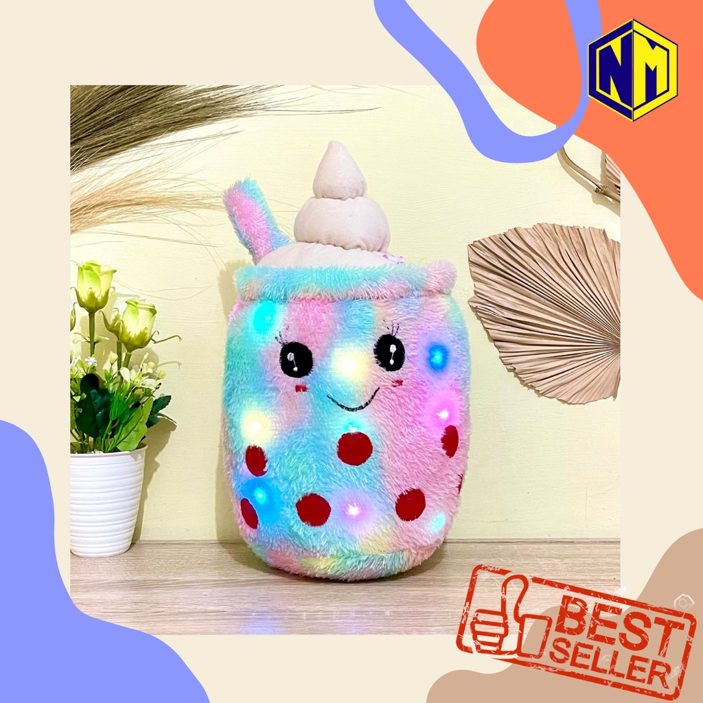 Boneka Boba Ice Cream LED Bahan Bulu Rasfur Motif Boba Es Krim Pake Lampu Nyala Kain Lembut Tidak Rontok Isi GEMOY