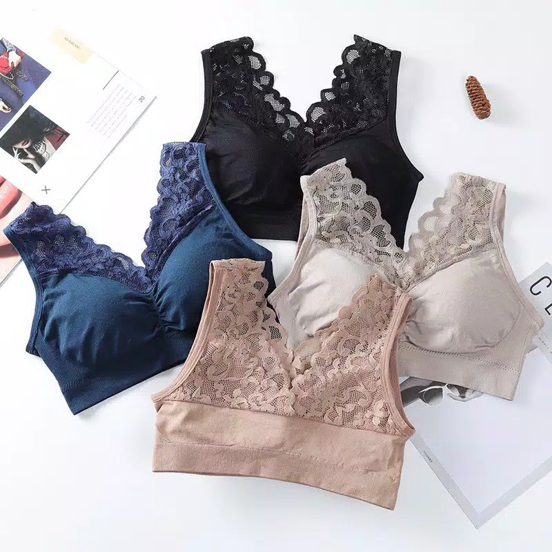 Bra Wanita TN50 dengan Model Renda Tanpa Kawat dan Bahan Lace Bergaya Korea Amerika